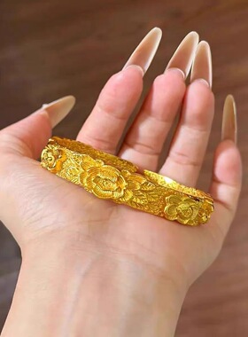 金店同款立体錾刻牡丹花宽手镯仿真黄金结婚订婚五金首饰假三金