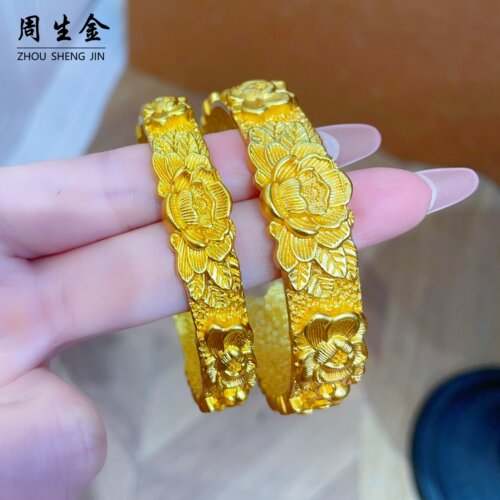 老铺同款沙金宽版錾刻牡丹花开口手镯仿真黄金包银五金结婚首饰