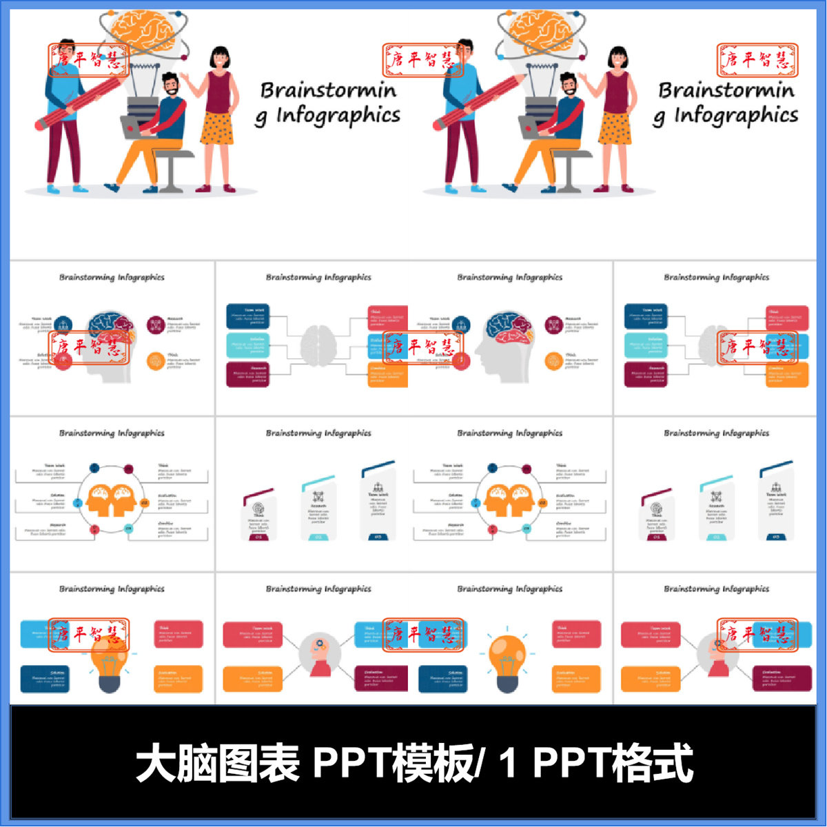 大脑脑袋卡通智力图表图标PPT模板可编辑工作计划总结品牌