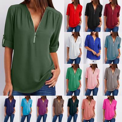 T恤V neck blouse tops women shirt ladies loose chiffon shirt