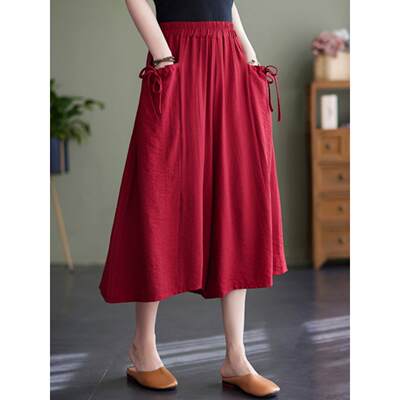 High waisted double pocket wide leg capris高腰口袋阔腿七分裤