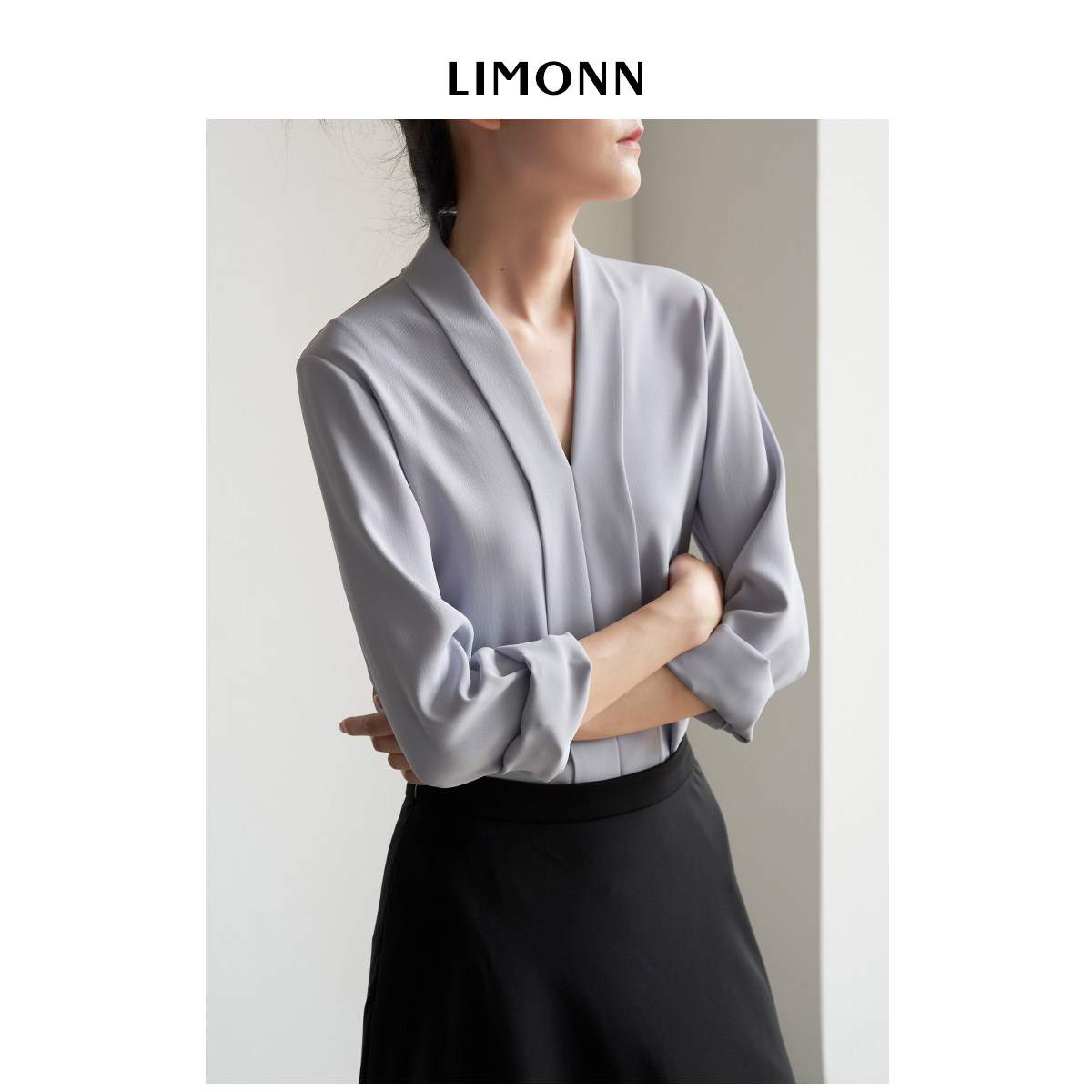 LIMONN气质通勤V领长袖衬衫女法式百搭显瘦职业雪纺衬衣2025夏装