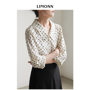 LIMONN 法式复古尖领小波点长袖衬衫女气质通勤v领上衣秋冬新款