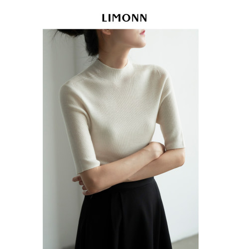 LIMONN 早秋法式时髦半高领五分袖打底针织衫女秋季新款