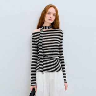 LIMONN天丝羊毛黑白条纹挂脖露肩上衣抽褶显瘦长袖 内搭2026春 袖