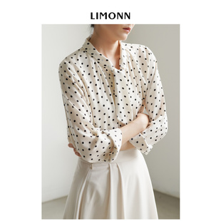 LIMONN 復(fù)古黑白小波點(diǎn)飄帶長袖 襯衫 女氣質(zhì)通勤職業(yè)V領(lǐng)上衣秋 法式