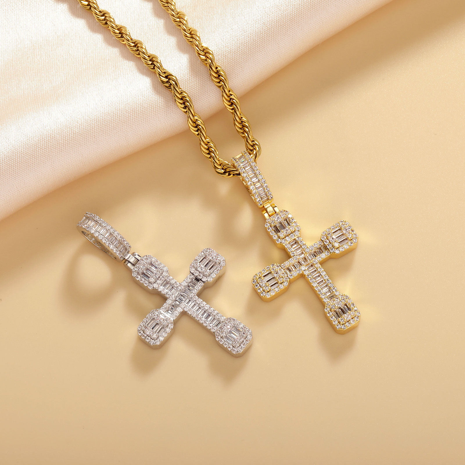 跨境欧美满钻十字架项链新款锆石吊坠嘻哈潮流个性百搭毛衣链饰品