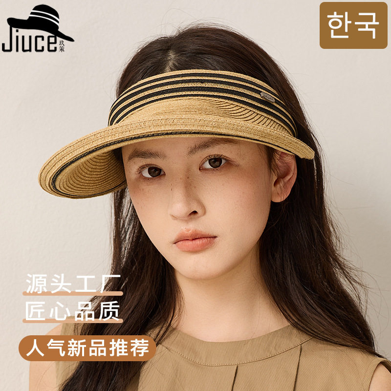 日系休闲发箍草编空顶草帽夏季户外休闲遮阳防晒帽百搭大檐太阳帽