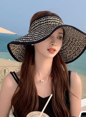 夏天帽子女透气空顶遮阳帽户外出游显脸小防晒帽可折叠大帽檐草帽