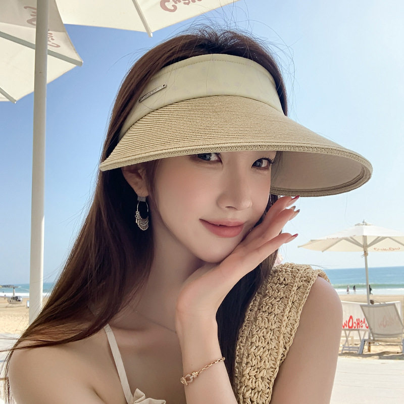 发箍式空顶草帽草编百搭防晒帽子女遮阳大帽檐显脸小气质太阳帽
