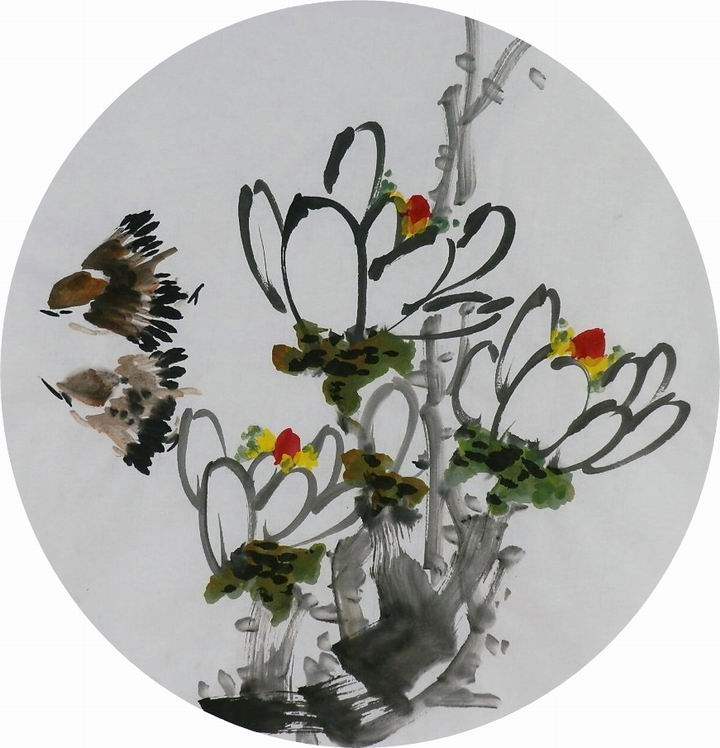 手绘字画装饰画新品i061014无款国画花鸟团扇圆形小品玉兰 直径33