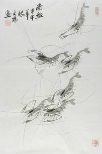 国画虾手绘字画客厅餐厅电表箱装 饰画王阳真迹四开三水墨画GG