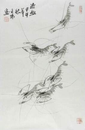 国画虾手绘字画客厅餐厅电表箱装饰画王阳真迹四开三水墨画GG