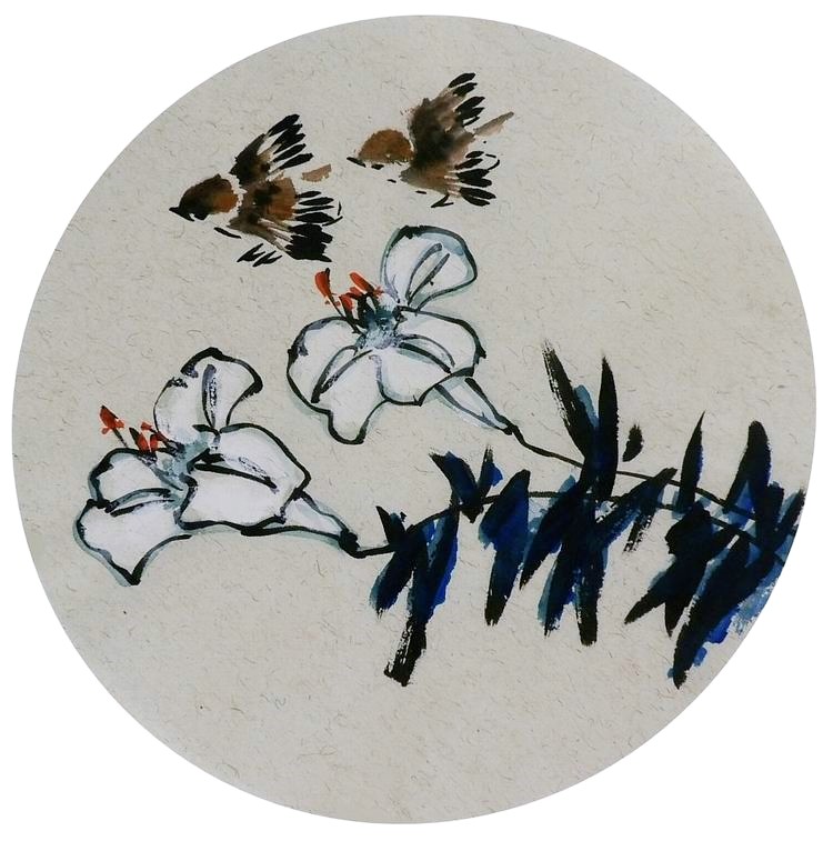 手绘字画装饰画新品I082001无款国画花鸟团扇圆形小品麻雀 直径33