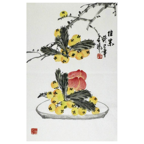 手绘国画寿桃柿子客厅装饰画中式