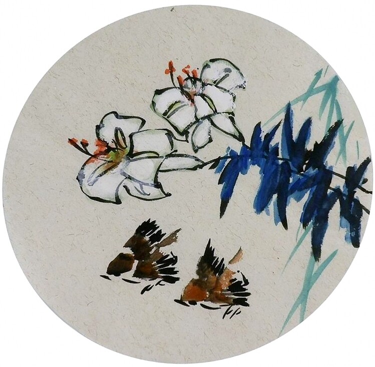手绘字画装饰画新品I082005无款国画花鸟团扇圆形小品麻雀 直径33