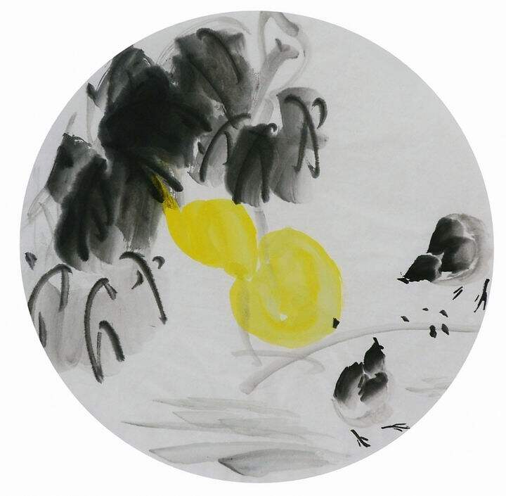 手绘字画装饰画新品i061092无款国画花鸟团扇圆形小品葫芦 直径33