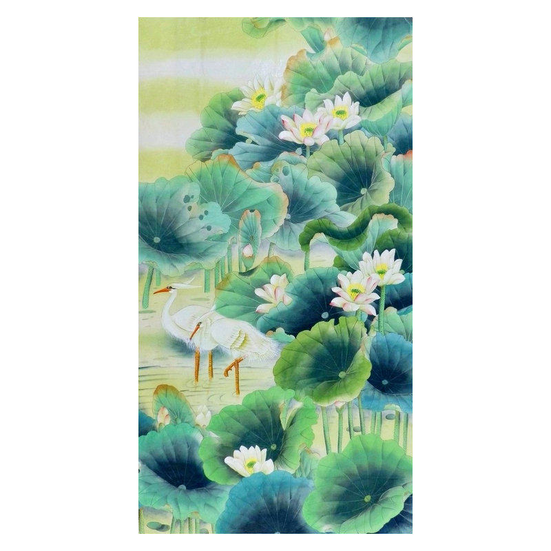 六尺工笔画花鸟纯手绘字画装饰画无款仙鹤大雁牡丹荷花九鱼图GG