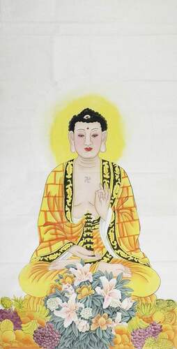 手绘工笔画无款人物观音菩萨送子