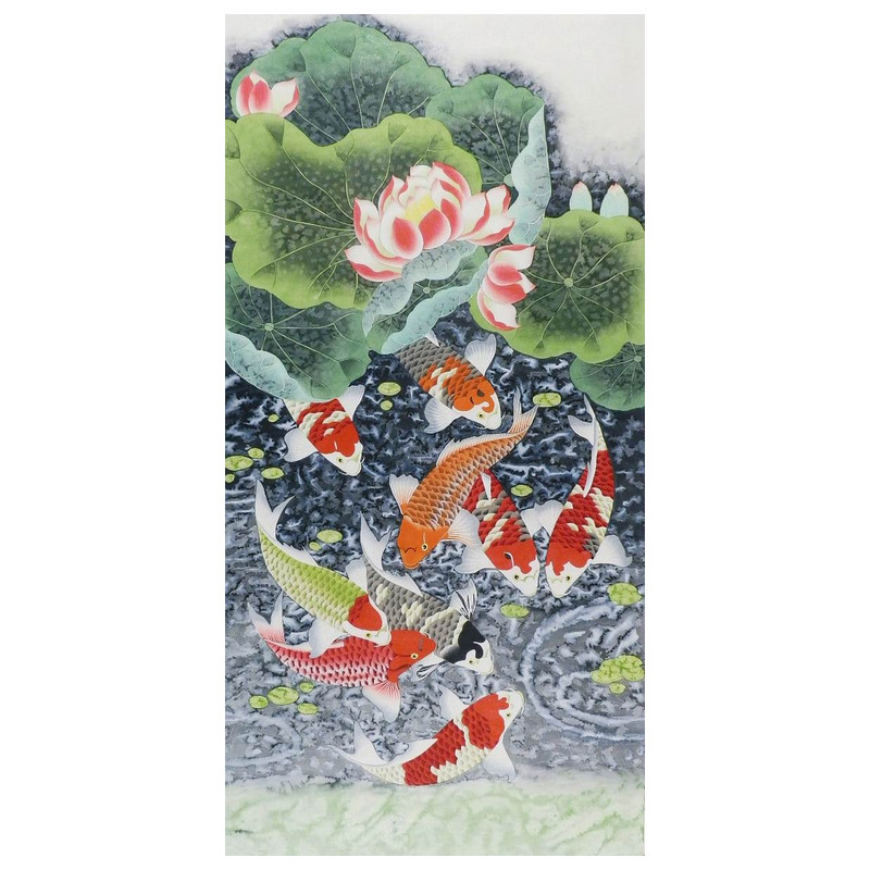 纯手绘九鱼图工笔画国画玄关贺寿