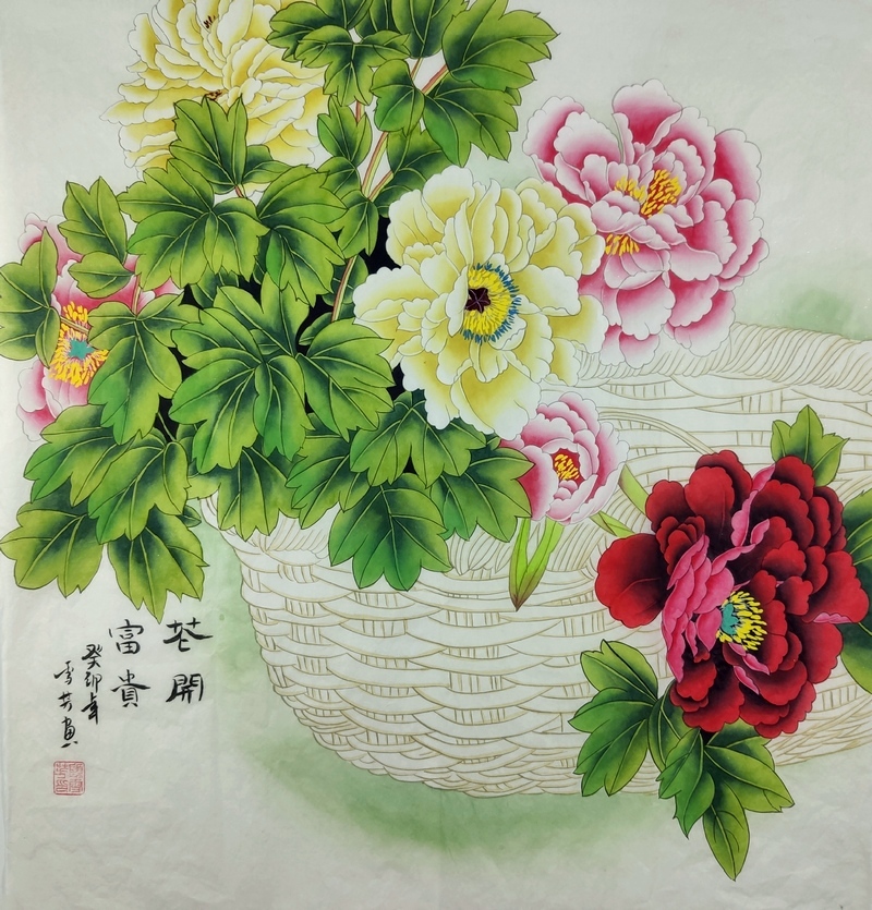 手工手绘装饰画工笔画牡丹鸡国画