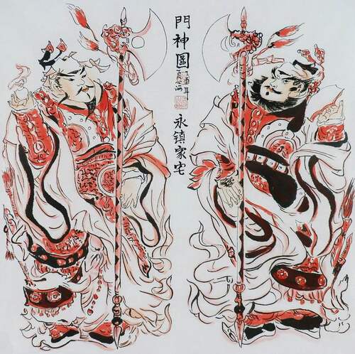 纯手绘国画门神装饰画朱砂老子