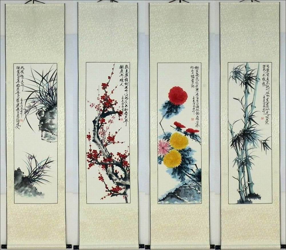 手绘装饰画热销G061052A清雨点三尺君子四条屏梅兰竹菊 装裱画轴