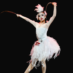 灵 羽中国舞(独舞)长袖舞台演出定制舞蹈服装羽毛白色女装