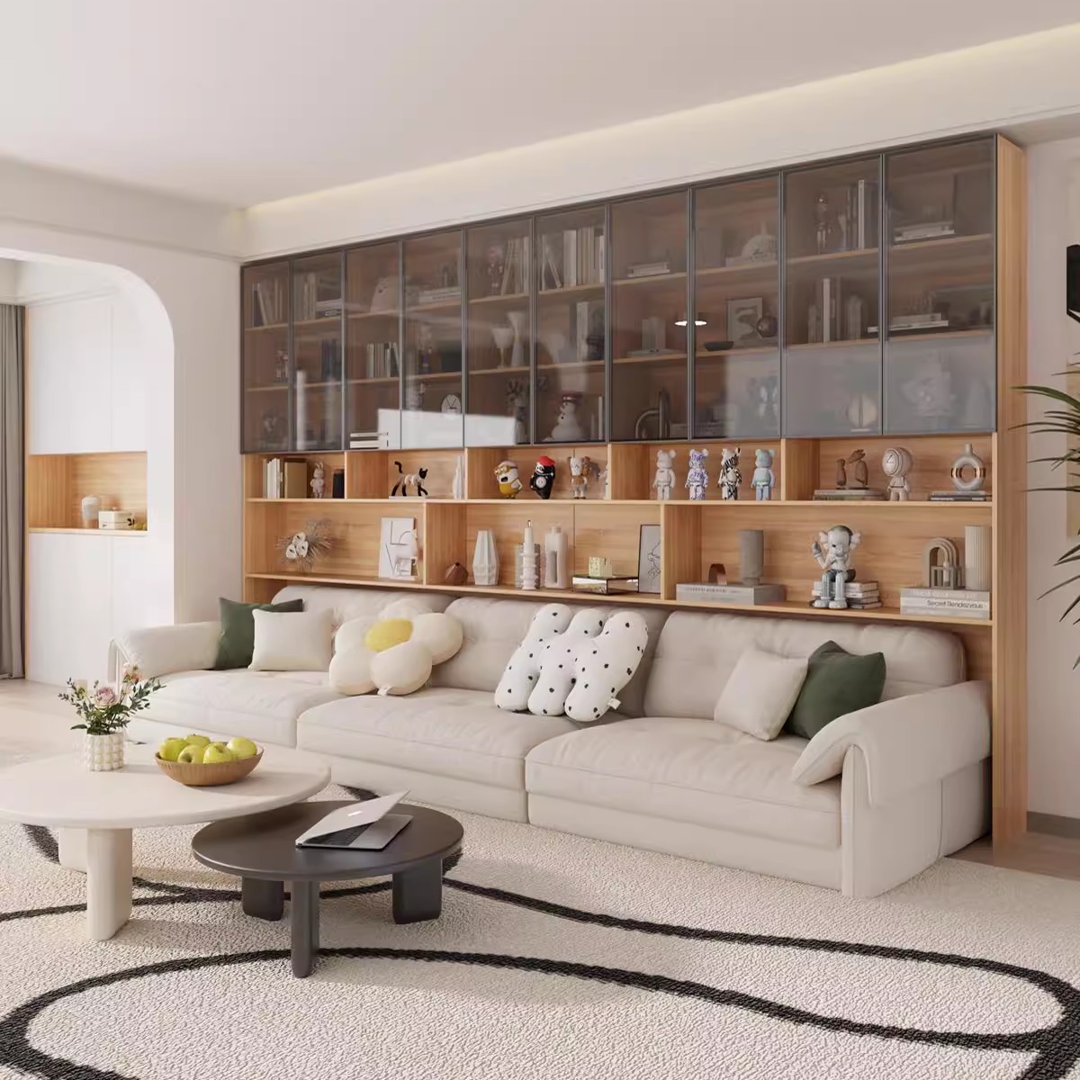 定制客厅沙发后书柜嵌入背景柜一体整墙书橱钢化玻璃门储物收纳柜