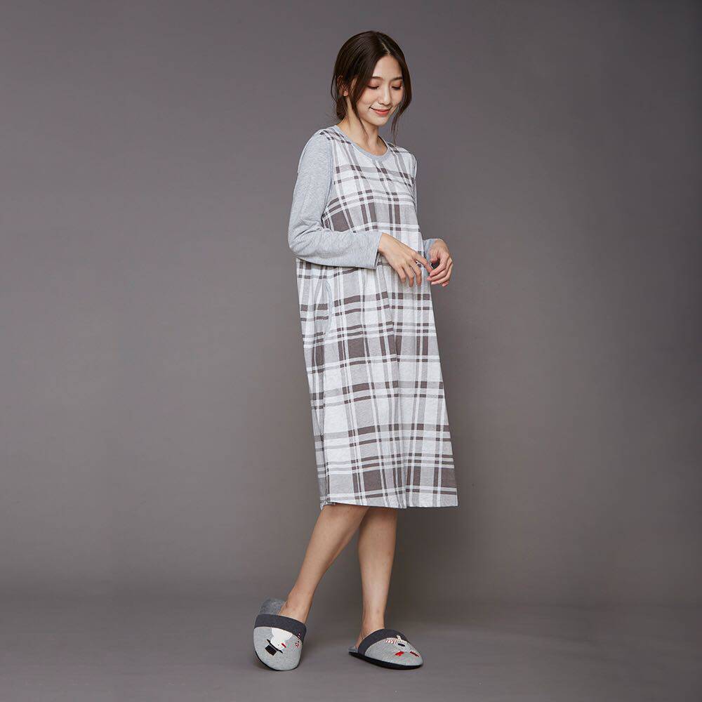 台湾以旺 YVONNE 格紋拼接洋裝 睡裙 现货 连衣裙 家居服 秋冬女