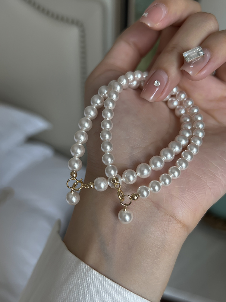 强光正圆麻灰色施家珍珠手錬14k包金精致简约百搭fever博主同款小