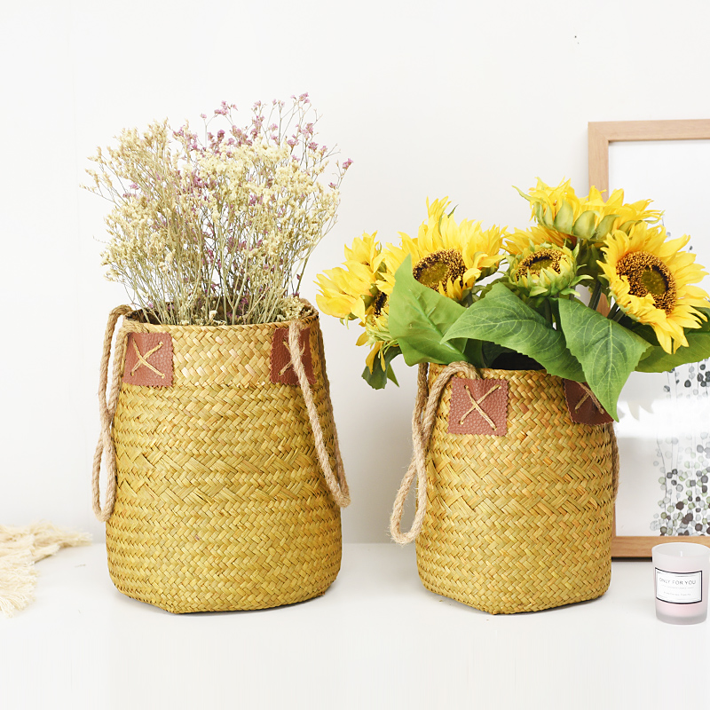 花瓶草编蓝仿真花收纳篮藤编花盆大号插花桶编织竹篮海草手工花篮