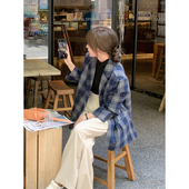 外套女秋冬2025新款 Halo Luu蓝色格子毛呢西装 韩系加厚羊毛高级感