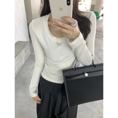 Luu卷边u领白色长袖 t恤女秋季 设计感修身 Halo 上衣内搭针织打底衫