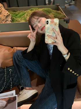 Halo Luu【清仓】复古金扣黑色西装外套女韩系收腰气质高级感西服