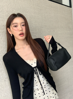 Halo Luu 黑色薄款系带开衫女春夏新款绑带v领针织外套防晒罩衫