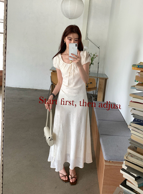 Halo Luu 法式白色连衣裙女夏季优雅提花气质茶歇裙温柔绑带长裙