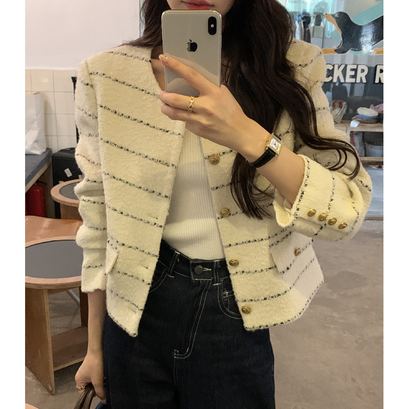 Halo Luu 法式条纹小香风外套女秋季新款金扣气质高级感短款上衣,女装/女士精品,短外套,淘宝优惠券,粉丝福利购,淘宝优惠卷