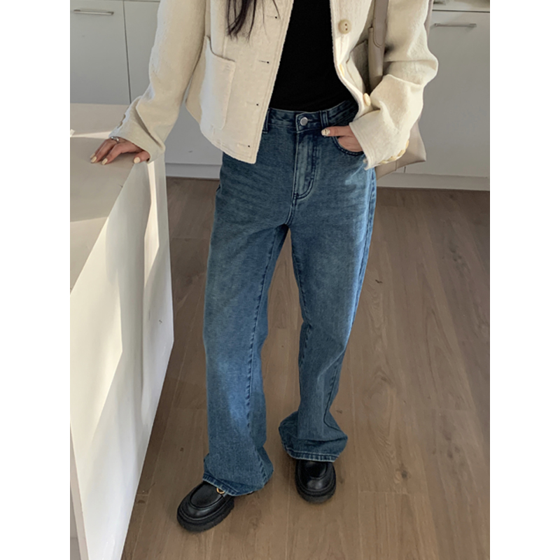 Halo Luu蓝色阔腿牛仔裤女秋季新款宽松显瘦裤子大长腿直筒拖地裤