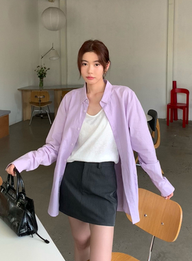 Halo luu淡紫色亚麻防晒衬衫女春季2026新款上衣宽松休闲长袖衬衣