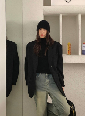 Halo Luu韩系复古黑色毛呢西装外套女冬季新款加厚高级感羊毛大衣