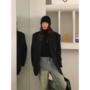 新款 外套女春季 加厚高级感羊毛西服 Luu韩系复古黑色毛呢西装 Halo