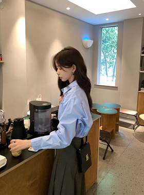 Halo Luu 高级感蓝色衬衫女春季韩系上衣宽松纯棉设计感长袖衬衣