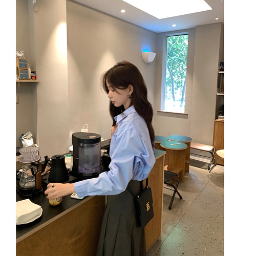 HaloLuu蓝色衬衫韩版宽松设计感