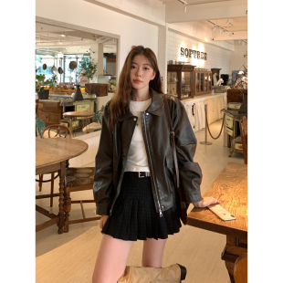 高级感机车皮夹克 2026新款 Halo Luu美拉德复古棕色皮衣外套女春季