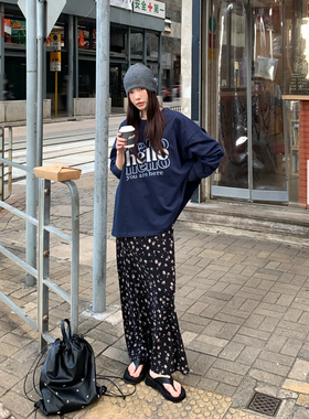 Halo Luu 黑色碎花半身裙女春季优雅气质松紧腰垂感显瘦a字裙长裙