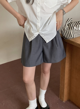 Halo Luu灰色西装短裤女夏季高腰休闲中裤垂感宽松阔腿显瘦五分裤