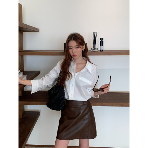 HaloLuu美拉德棕色皮裙女