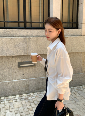 Halo Luu白色衬衫女春季韩系上衣微皱设计感后背收腰显瘦长袖衬衣