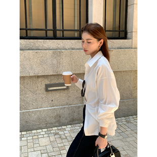 Halo Luu白色衬衫女春季韩系上衣微皱设计感后背收腰显瘦长袖衬衣